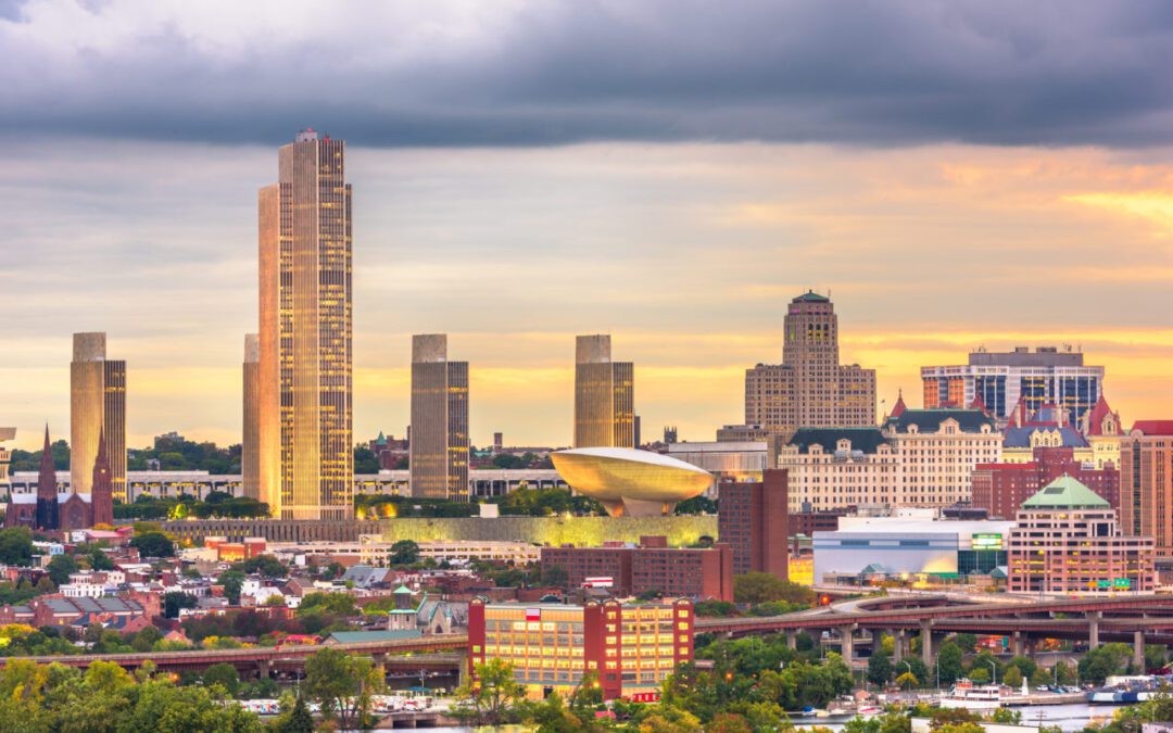 Albany, New York, USA downtown city skyline at dusk.