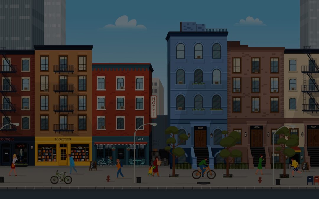 City building houses with shops: boutique, cafe, bookstore.Vector illustration in flat style. Background for games and mobile applications.