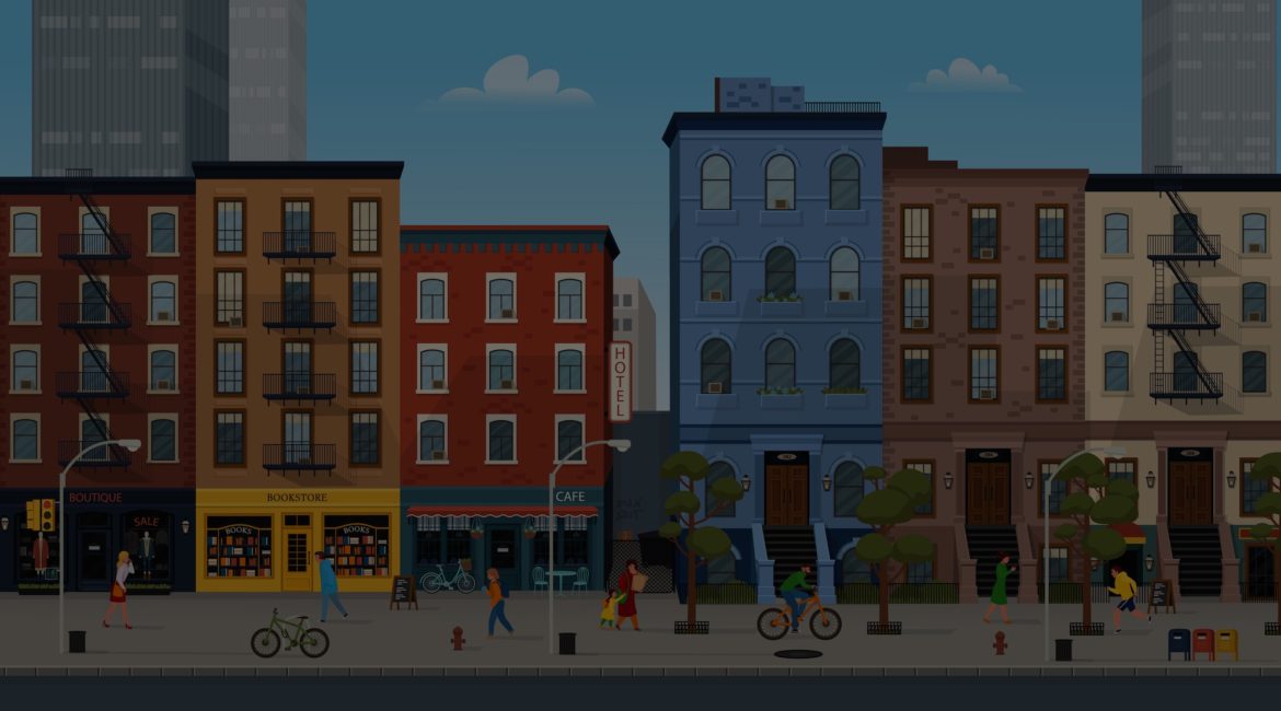 City building houses with shops: boutique, cafe, bookstore.Vector illustration in flat style. Background for games and mobile applications.