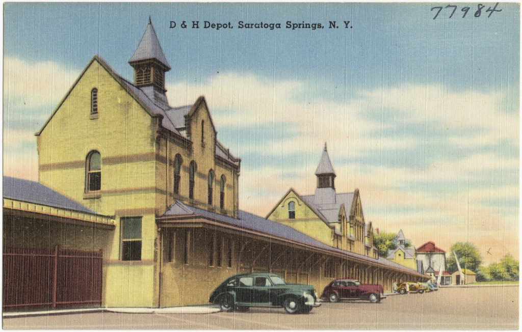Old time postcard photo of railroad depot in Saratoga Springs, NY