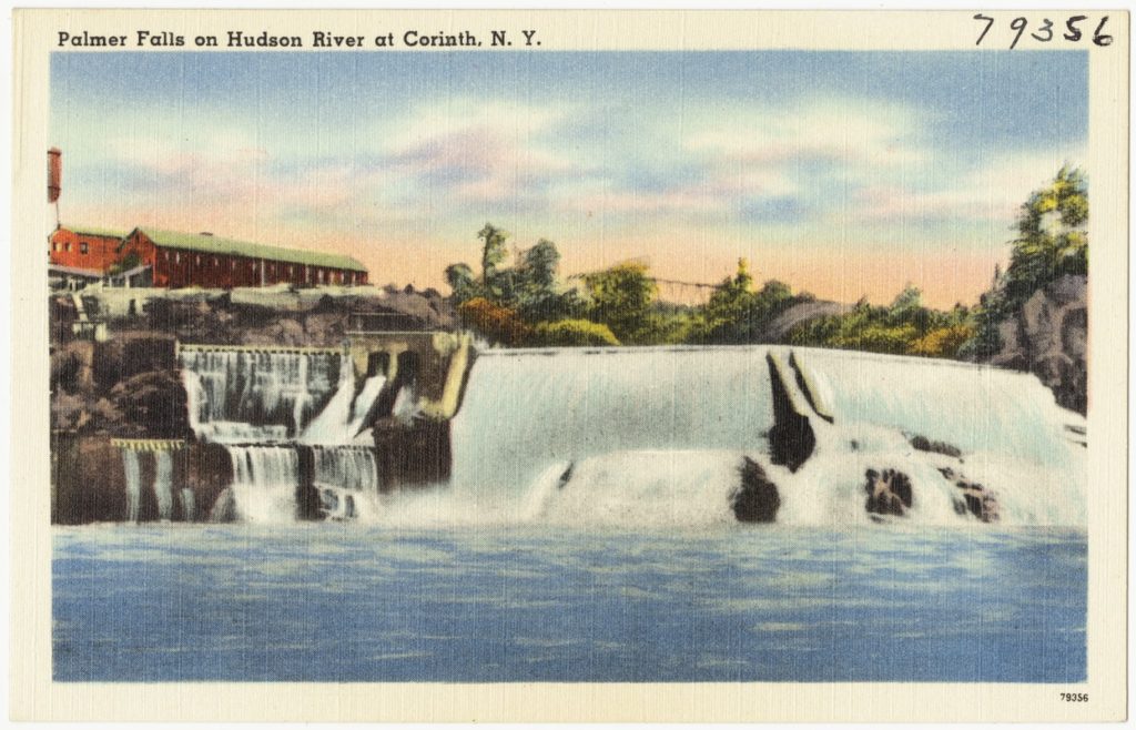 Old time postcard photo of Palmer Falls on the Hudson River in Corinth, NY
