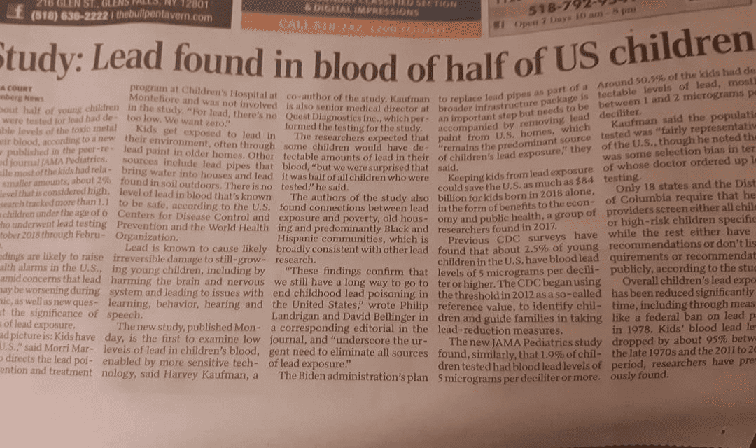 Photo of Post-Star article with the headline: Study: Lead found in blood of half of US children