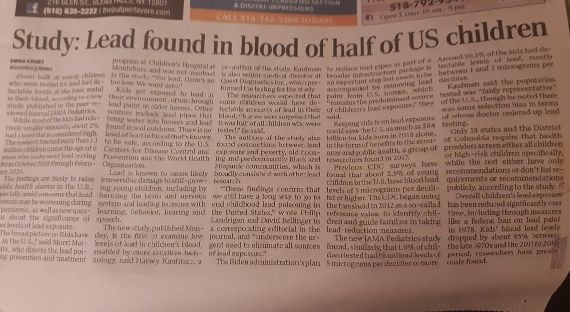 Photo of Post-Star article with the headline: Study: Lead found in blood of half of US children